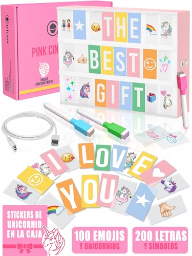 Caja de Luz A4 Rosa con 312 Letras y Emojis | 3 Marcadores Incluidas | Cartel Luminoso LED para Decoración Hogar, Habitación, Oficina | Regalo Original para Niñas, Mujeres