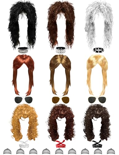 LOHO WONDERZ 9 Pack Retro Fun Wigs Assorted 70s 80s 90s Rock Disco Curly Wig with Bandana Sunglasses Bracelets Wavy Colored Funny Bulk Hair Wigs for Men Women Costume Cosplay Party (Rocker Set)