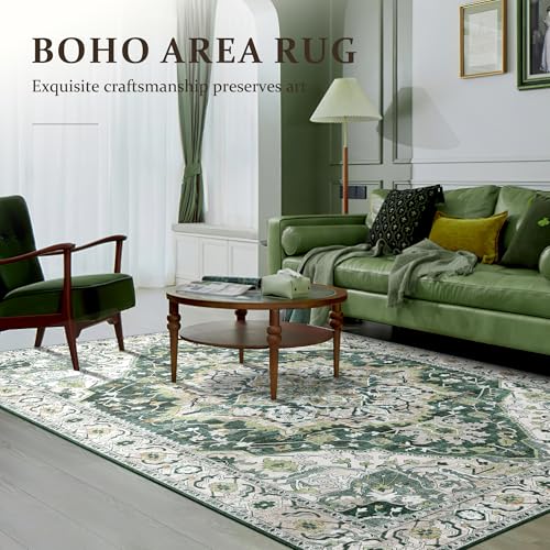 Green Boho Washable Area Rug 5x8 Vintage Rug for Living Room Bedroom Non Slip Low Pile Faux Wool Floor Carpet Farmhouse 5x8 Rug for Dining Room Office, Green/Multi