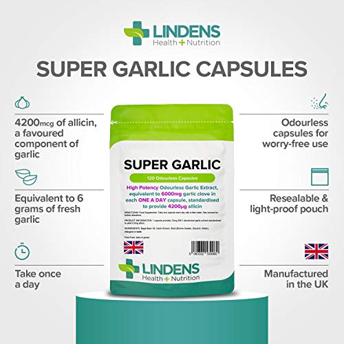 Lindens Hochdosierte Super-Knoblauch 6000 mg Kapseln | 120 Verpackung | Hochdosierter, geruchsloser Knoblauchextrakt, entspricht 6000 mg Knoblauchzehen in jeder Tageskapsel, standardisiert mit 4200 μg Allicin
