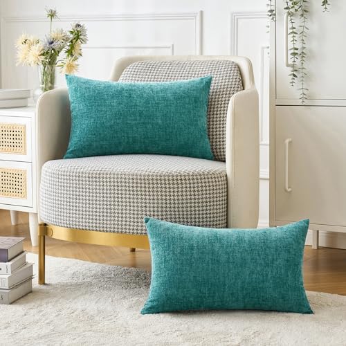Image of MIULEE Pack of 2 Couch Throw Pillow Covers 12x20 Inch Soft Teal Chenille Lumbar Pillow Covers for Sofa Living Room Solid Dyed Cases