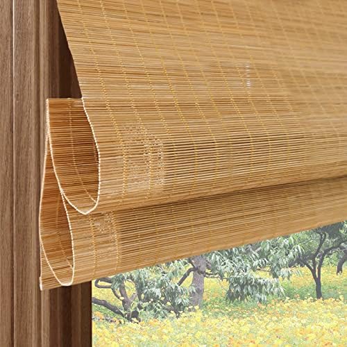 Cordless Blackout Bamboo Window Shades, Outdoor Cordless Woven Wood Roller Shades, Light Filtering Window Roman Blinds with 6" Valance, Bamboo Shades for Doors, 20" W x 36" H, Pattern 2