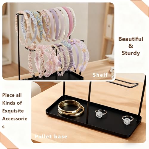 Image of Headband Holder Organizer Metal 2-Tier with Tray, Necklace Storage Hairband Rack Hair Accessories Display Stand Stand Home Bedroom College Dorm Decor for Girls Women (Black)