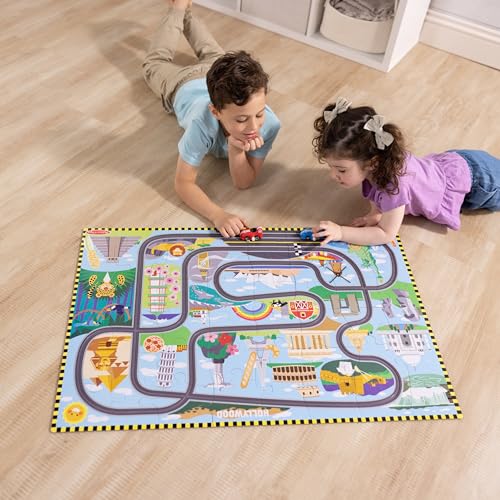 Melissa & Doug Race Around the World Tracks Cardboard Jigsaw Floor Puzzle and Wind-Up Vehicles, Multi-color - Image 2