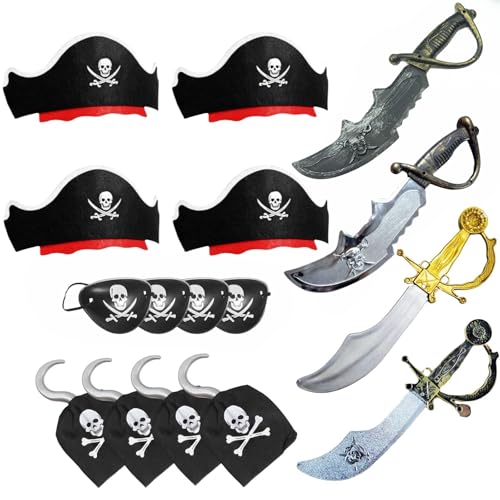 JVHGUBAY 16 PCS Hat Set with Classic Pirate Captain Hat Eye Patch Pirate Knife Party Favors Themed Halloween Masquerade Role Play