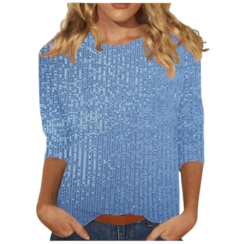 Holiday Shirt Women Crewneck 3/4 Sleeve Glitter Tshirts Fashion Comfortable Outdoor Party Club Dressy Tops for Women for Evening Party Womens Holiday Party Tops Shiny Top Blue