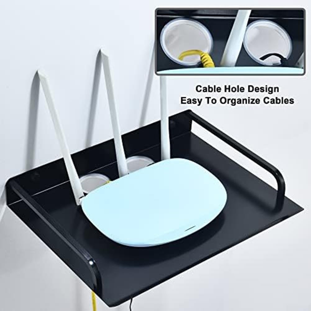 Supporto da parete per proiettore e ripiano galleggiante per Media Box, router e console di gioco, 33 x 25 x 4,2 cm, in alluminio spaziale resistente con foro per cavi, design elegante nero