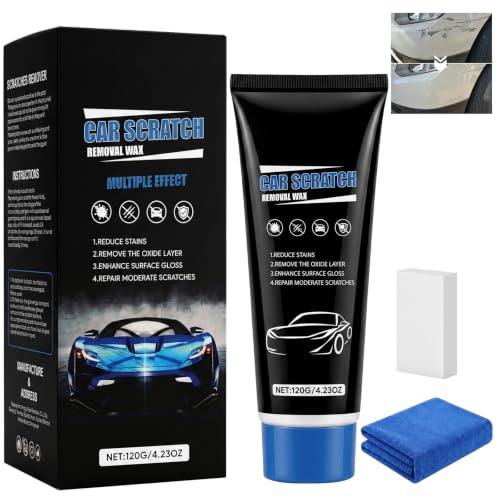 Quita Arañazos Coche 120g con Esponja y Paño, Reparador Arañazos Coche, Pulimento Coche Arañazos, Cera Coche Car Scratch Remover para Reducir Microarañazos y Recuperar el Brillo