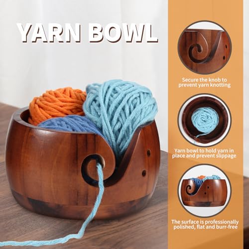 Image of Wooden Yarn Bowl for Crocheting,Knitting Yarn Bowls with Lid Yarn Storage Handmade Craft with Storagebag for DIY Knitting Crocheting