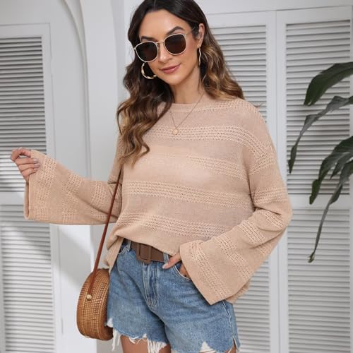 Image of Summer Tops for Women 2024 Crochet Sweater Hollow Out 1 /2 Sleeve Pullover Off Shoulder Sweater T-Shirts Beach Coverup.