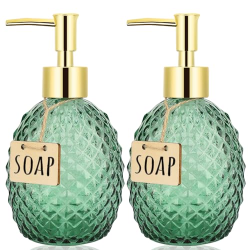 Image of Segbeauty Vintage Soap Dispenser, 2 Packs 12.8oz Modern Home Decor Glass Pump Bottle Refillable, 380ml Empty Shower Bottles Bathroom Soap Dispenser Set Dish and Hand Soap Dispenser for Kitchen
