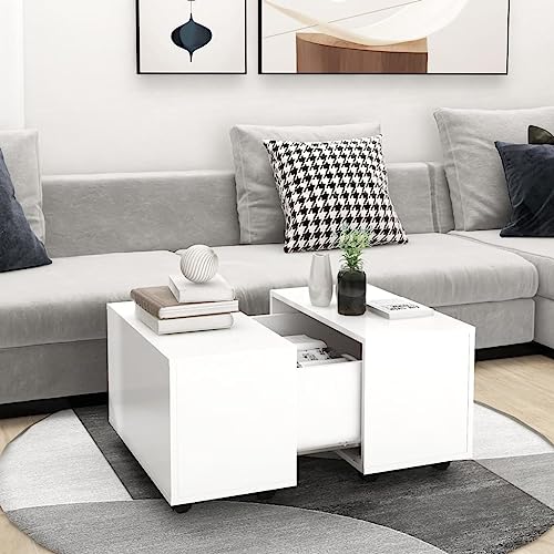 QUAHEAS Table basse blanche 60 x 60 x 38 cm, en bois extensible, avec roulettes, table de salon carrée avec espace de rangement pour magazines, design moderne