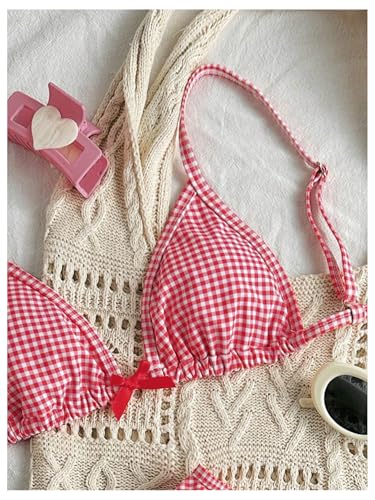 Women's 2 Piece Y2K Gingham Bikini Sets Plaid Bow Triangle Bathing Suit Checkered Bikini Coquette Swimsuit3