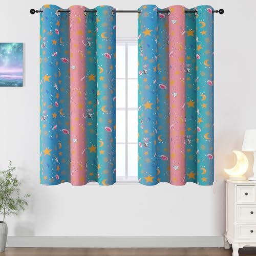 Image of Pink Teal and Blue Star & Moon Blackout Curtains for Girls Bedroom,38Wx45L | Estelar Textiler Colorful Rainbow Design Kids Curtains 45 inches Long for Toddler Room,Unicorn Ombre Window Drapes,2 Panels