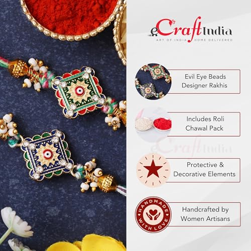 Image of eCraftIndia Set of 2 Beads Pearls Evil Eye Designer Rakhis for Brothers with Best Bro Ever Fridge Magnet and Roli Chawal Pack
