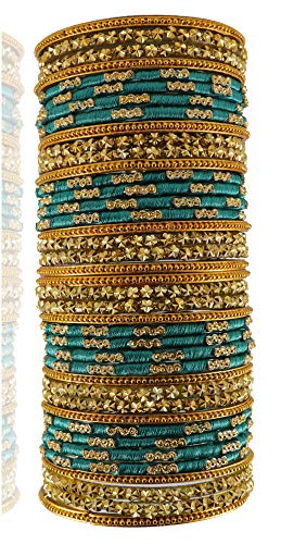 Image of NMII Radium Color Silk Thread & Glass Bangles Set For Girls & Women (Radium,2.8)
