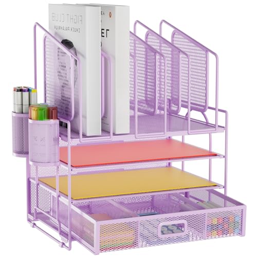 Image of Marbrasse Desk Organizers, 4-Tier Mesh Desk File Organizer with 5 Vertical File Holders and 2 Pen Holders, Multifunction Desktop Organizer,Desk Organizers and Accessories for Home Office (Purple)