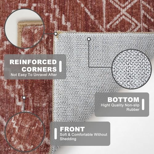 KILOCOCO Boho Kitchen Runner Rug 2x6 Washable Runner Rug, Soft Runners for Hallways Non Slip Printed Distressed Laundry Room Rug, Low-Pile Rug for Entryway/Bedroom/Living Room, Burnt Orange/Red