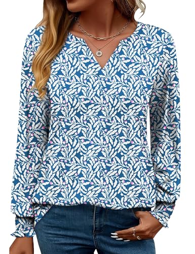 Rapbin Damen Tops Langarm Elegant Locker V-Ausschnitt Damenbluse Oberteile T Shirt Casual Herbst Tunika (L,Blau mit Weißen Blumen)