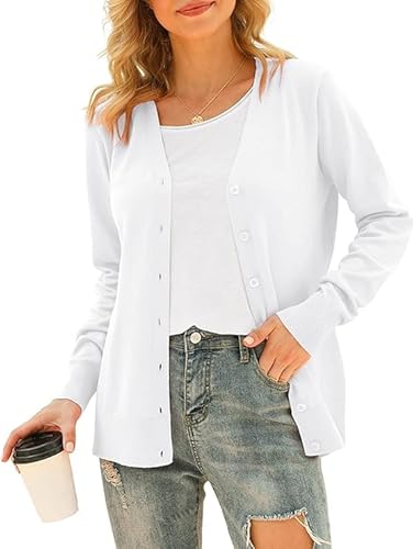 Yommay Cardigan à manches longues doux basique col en V boutonné léger en tricot solide et élégant pour femme, blanc, 3XL Yommay Cardigan à manches longues doux basique col en V boutonné léger en tricot solide et élégant pour femme, blanc, 3XL