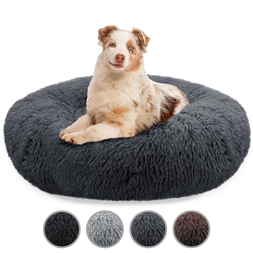 bluzelle Hundebett Große Hunde, 100cm Hundekissen Rund Donut Kissen Hundekorb Flauschig Plüsch, Ergonomisch Bezug Waschbar rutschfest Weich Kuschelig Kunstfell, Farbe:Dunkel-Grau