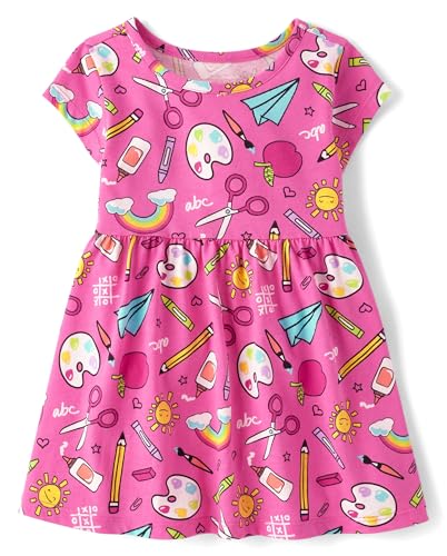 The Children's Place,Baby-Girls,and Toddler Short Sleeve Everyday Dresses,Pink School Doodle,12 Months,18 Months2