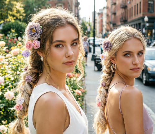 Set de 21 pinzas de flores boho para cabello en tonos morado y rosa miniatura 3