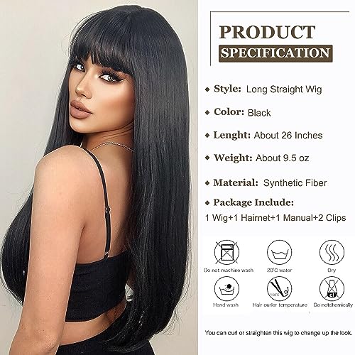 Esmee Long Straight Black Wigs for Women Natuaral Synthetic Layered Hair Brunette Wig with Fringe for Daily Party Cosplay Use-26 Inches - Image 2