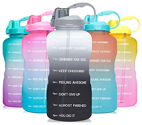 Venture Pal Large 1 Gallon/128 OZ (When Full) Motivational BPA Free Leakproof Water Bottle with Straw & Time Marker Perfect for Fitness Gym Camping Outdoor Sports-White/Gray Gradient