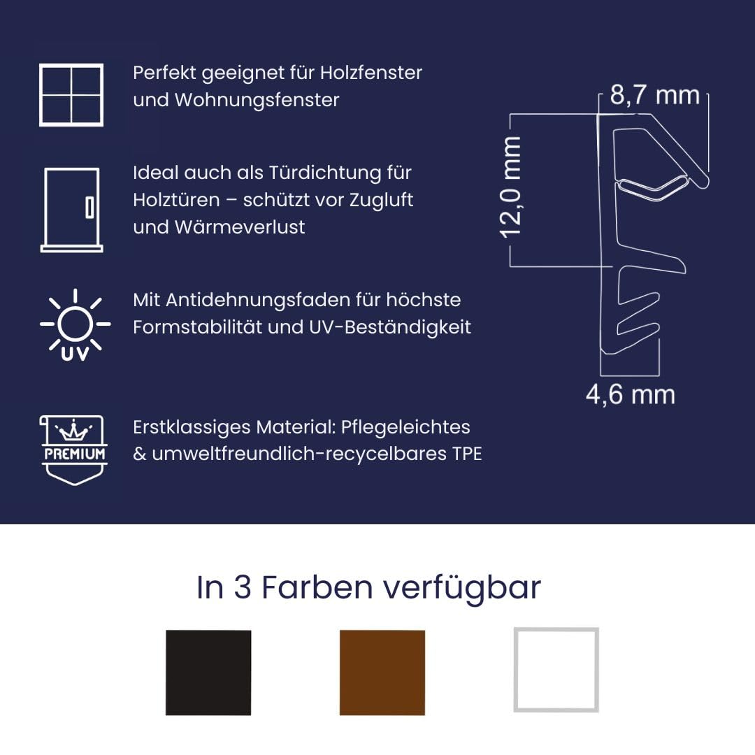 Fensterdichtung Braun 10m - 4mm Nutbreite / 12mm Falz aus TPE hochwertige Gummidichtung Holzfensterdichtung Fenster gegen Zugluft Lärm (Braun 10m)