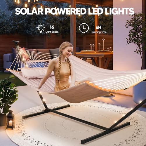 Image of SUNCREAT Hammocks Outdoor 2 Person Hammock with Solar Powered Lights, Tan