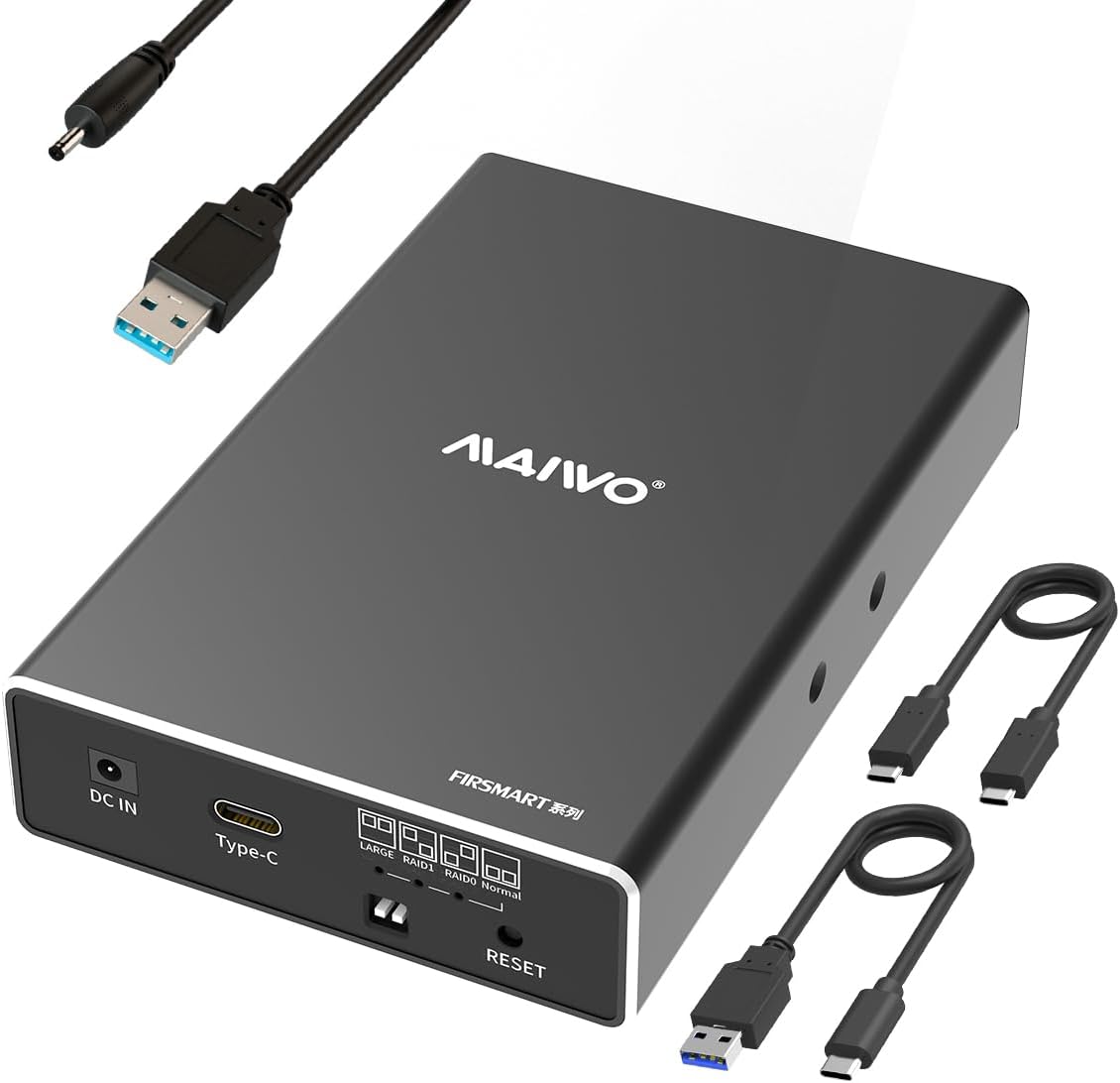 MAIWO Hard Drive RAID Enclosure Dual Bay for 2.5 Inch SATA SSD HDD, USB 3.1 GEN 2 10Gbps with UASP, RAID 0/1/JBOD/PM, 16TB Capacity, External Hard Drive Reader Case Aluminum