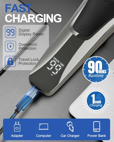 Image of Electric Shavers Men, Wet and Dry Electric Razor, Waterproof Cordless Men Razor Cordless Rotary Beard Rechargeable Shaver LED Display with Pop up Trimmer and Travel Lock