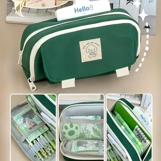 Image of Kawaii Cute Aesthetic Pencil Case for Students | Large Capacity Multi-Pocket Pencil Pouch with Zipper | Cartoon Stationery Organizer Bag for School, College & Office Supplies (So Cute - Green)