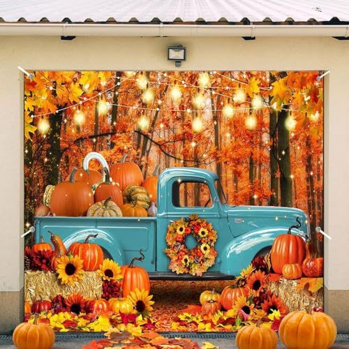 7X8ft Fall Truck Garage Door Background Autumn Thanksgiving Pumpkin Harvest Maple Leaves Forest Sunflower Decorations Backdrop Hay Maple Leaves Baby Shower Indoor Outdoor Decor Banner Cover