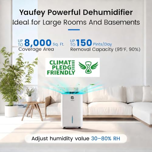 Image of Yaufey 150 Pint Dehumidifier for Basement Home 8000 Sq. Ft. with Drain Hose | Continuous Drain & Large Water Tank 2.11 Gal, Intelligent Humidity Control, Quiet Operation, Auto Shut Off, Timer for Home