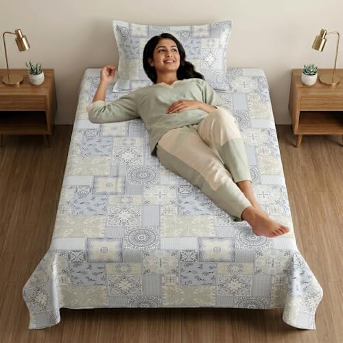 Image of Mafatlal 186 TC Metro Cotton Single Bedsheet | 90 x 60 Inch|Soft, Breathable & Lightweight | with Matching Pillow Cover| Morning Sky