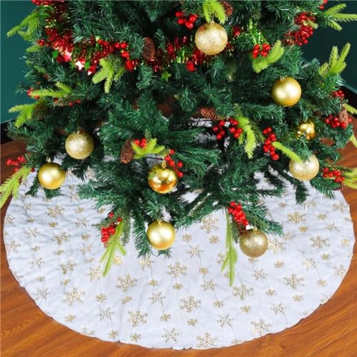 RongXuan Christmas Tree Skirt Plush Round Christmas Tree Blanket with Sequins Snowflake Christmas Tree Stand Carpet Tree Blanket 48 Inches Gold - Image 3