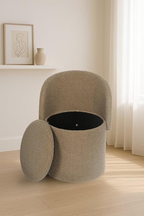 Teddy Boucle Tub Chair With Hidden Storage, Round Vanity Seat With Curved Back and Lift-Off Lid, Wooden Frame, 150kg, 46 x 62 cm (Dark Natural)