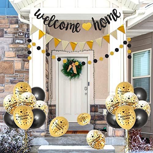 Welcome Home Decorations,Welcome Home Banners Balloons Set,Black Gold Welcome Home Glitter Banner,Pennant Flag Bunting,Welcome Home Confetti Balloon,Round Garland for Home Family Boy Girl Baby Showers