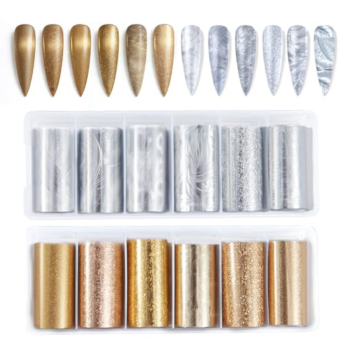 DANNEASY Metallic Nail Art Transfer Foil 12 Rolls Gold Silver Nail Foil Transfer Sheets, Holographic Nail Foils Wraps Stickers Decals Nail Supplies for Women Girl