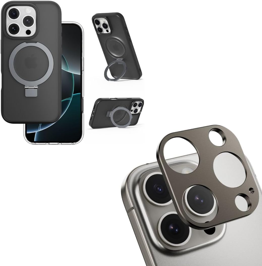 SWITCHEASY Camera Lens Protector for iPhone 16 Pro 6.3"(Titanium) Bundle with MagStand Case for iPhone 16 Pro 6.3" (Ash)