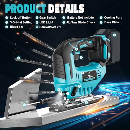Cerycose Jigsaw Compatible With Makita 18V, Cordless jig saw tool Brushless Motor, 0°- 45° Bevel Cuts, LED Light with 3 Position Orbital Setting for Straight/Curve/Bevel/Circle Cutting (NO Battery) thumbnail 2