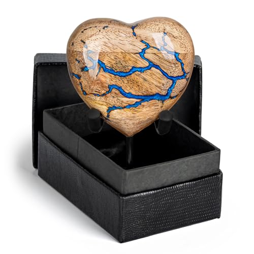 Image of Heart Shaped Wooden Cremation Urns for Human Ashes - 3 Cubic Inches Funeral Memorial Urn for Women & Men - Blue Decorative Keepsake Burial Urn for Male or Female Memorial Display