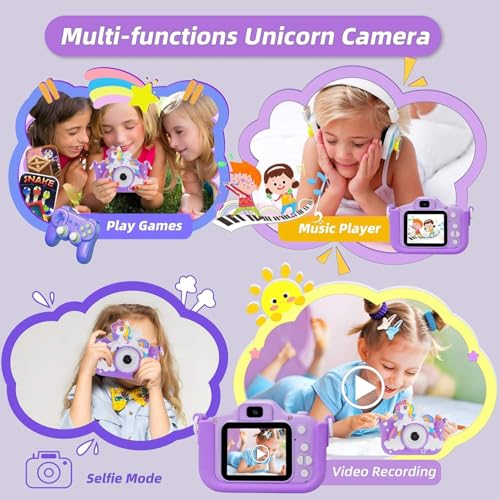 Image of Kids Digital Camera with Selfie Mode for Girls Boys, Unicorn Camera with 1080P Video Recording, 2 Inch Screen, 8X Zoom, Filters, Games & Music Player, Rechargeable Gift Toy for Kids Pink