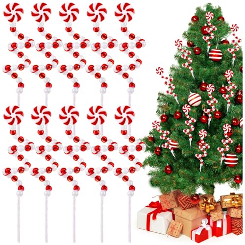 Christmas Candy Curly Pick, 10Pcs Red White Christmas Tree Toper Candy Picks, Christmas Tree Ornaments for Home Office Vase Party Decoration