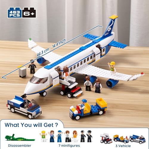 Image of SKY LINE OCEAN Passenger Airplane Building Set, Airport Playset with Shuttle Bus, Luggage Truck, Boarding Stairs, and 7 Minifigures, STEM Toy for Kids Aged 6-12 || 2 Years Warranty || (463+ Pieces)