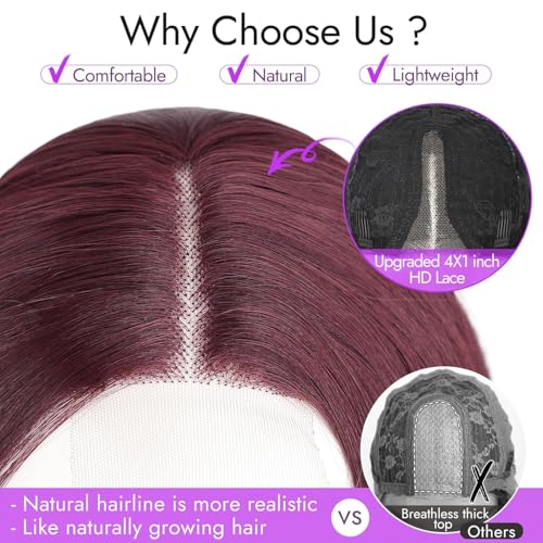 Image of Eawwii Wigs for Women Dark Purple Red,Short Wavy Synthetic Lace Wig | Glueless 4x1 Lace Hairline, Heat-Resistant Fiber,Bob Wave Style,Natural Appearance for Everyday Cosplay 14 Inch