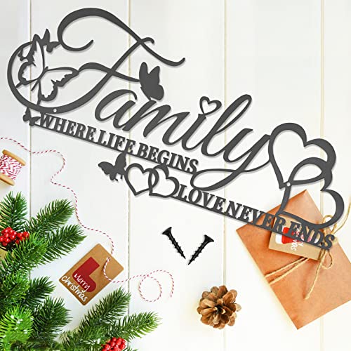 Khayrovies Family Wall Decor Metal Sign, Where Life Begins Love Never Ends Black Wall Art Word Home Decor For Living Room, Iron Letters Quotes Wall Hanging Sculpture For Bedroom Kitchen (A) #TOP6