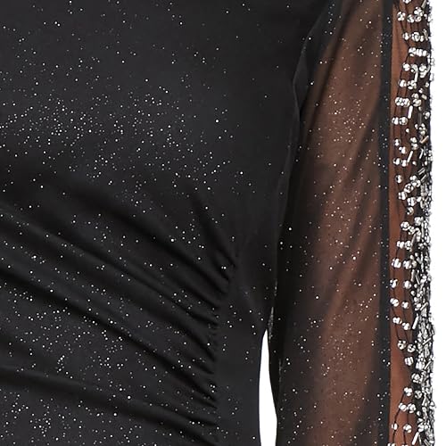 Image of S.L. Fashions Women's Long Length Ruched Waist Formal Evening Dress with Beaded Illusion Sleeves (Petite and Regular Sizes)